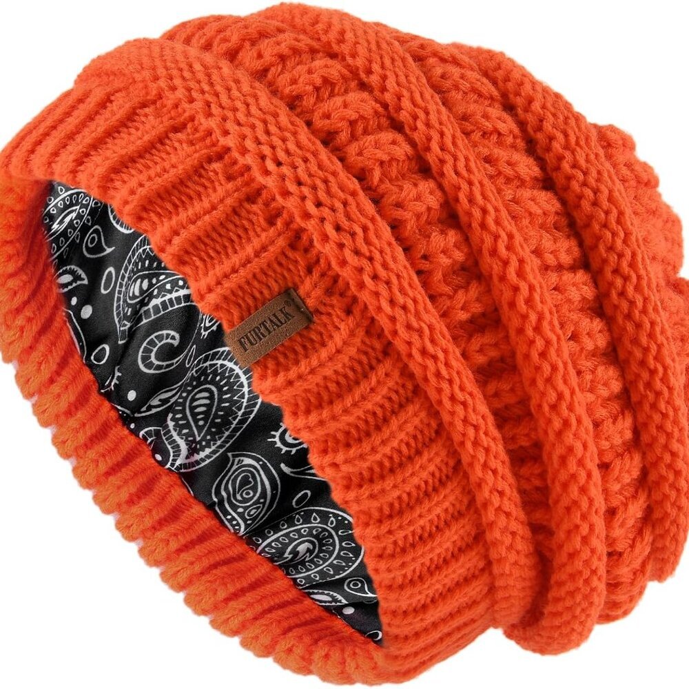 Winter Beanie Hat for Women Satin Lined Cable Knit Chunky Slouchy Beanies Skull